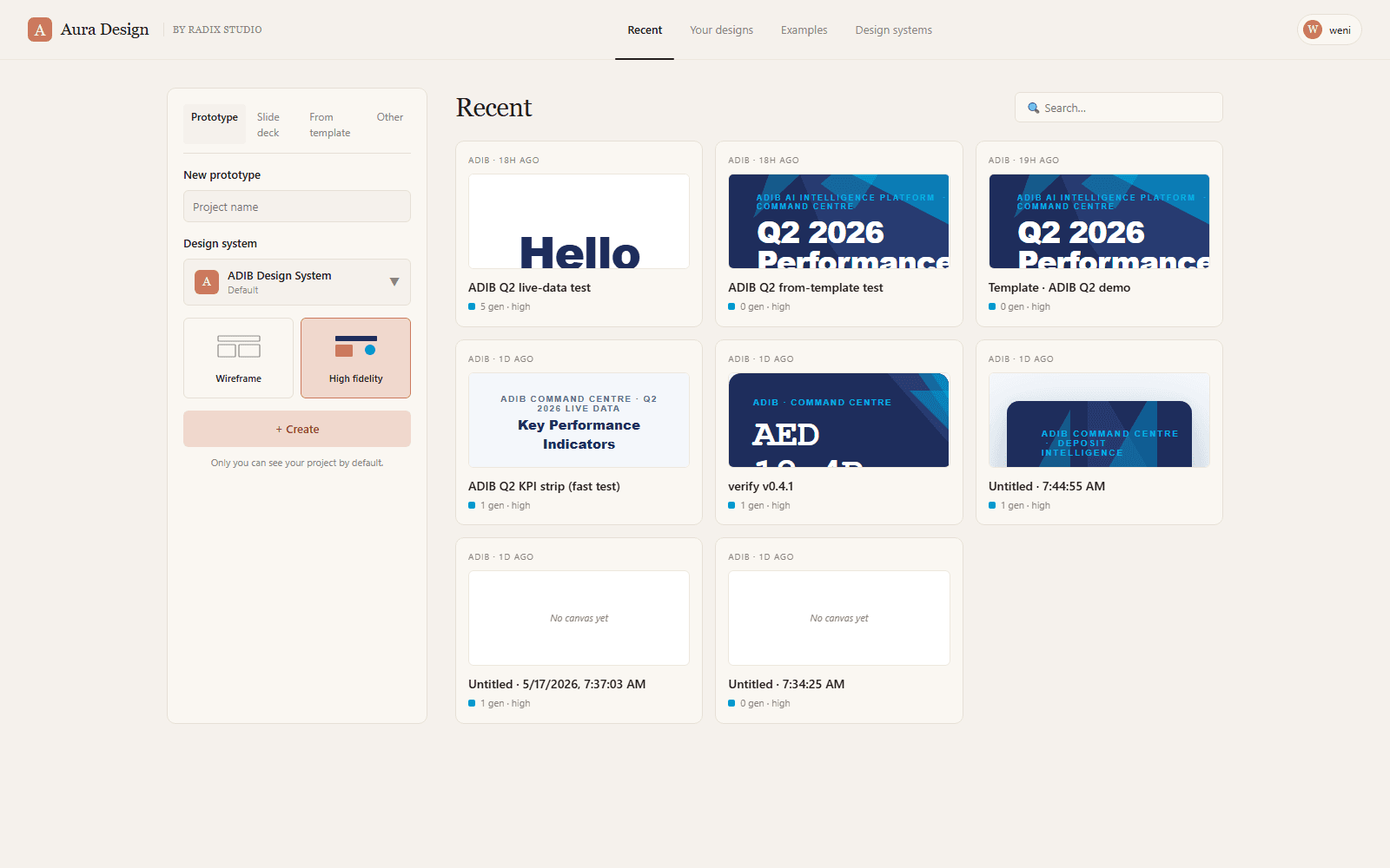 AURA Design canvas. Live workspace showing brand-vault-locked prototypes for ADIB Command Centre Q2 2026.